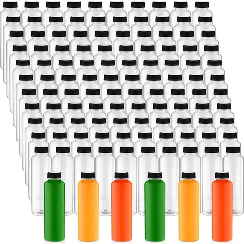 Vista 9 de Tanlade - Paquete de 200 botellas de plástico para jugo con tapas reutilizables, 8 onzas, color negro Empty PET Drink Containers, Leak-proof Lids