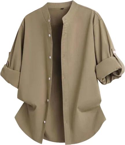 Vista 7 de Men's Roll-Up Sleeve Casual Button Down Shirts Stand Up Collar Summer Beach Shirt Loose Fit Lightweight Work Tops