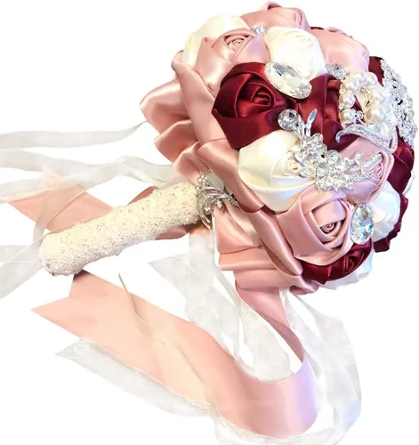 Vista 3 de Abbie Home Ramo de novia de lujo, ramo de broche de rosa rosa burdeos decorado con perlas y accesorios de joyería de diamantes de imitación