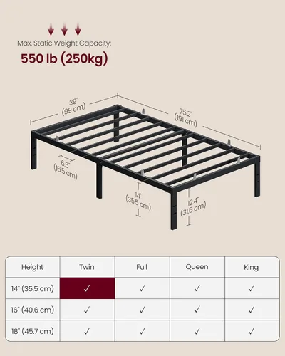 Vista 2 de VASAGLE Base de cama de metal tamaño individual de 14 pulgadas de alto, capacidad de peso de 550 libras, no necesita somier, con almacenamiento