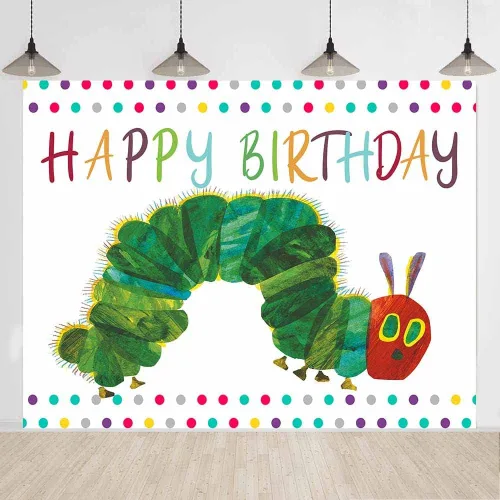Vista 7 de Fondo de fotografía de feliz cumpleaños, fiesta temática de oruga de 5 x 3 pies, diseño de insectos de color arco iris, dibujos animados para niños