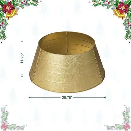 Vista 10 de Glitzhome Collar de árbol de Navidad, 25.75 pulgadas de profundidad, cubierta de base de árbol de metal dorado con purpurina, anillo de árbol