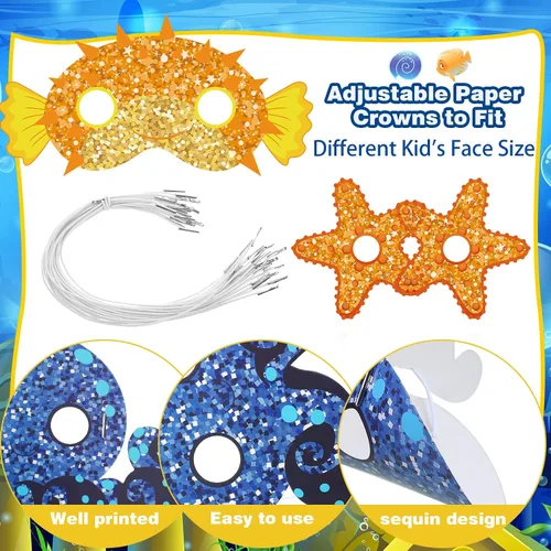 Vista 4 de Minatee 24 máscaras para niños bajo el mar, océano, animales, cumpleaños, divertidas máscaras para niños, suministros de fiesta bajo el mar, océano