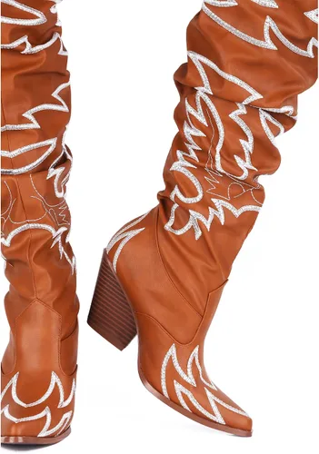 Vista 5 de Cape Robbin - Botas vaqueras para mujer Kelsey-21 botas vaqueras occidentales sobre la rodilla con tacones gruesos en bloque botas de vestir de moda