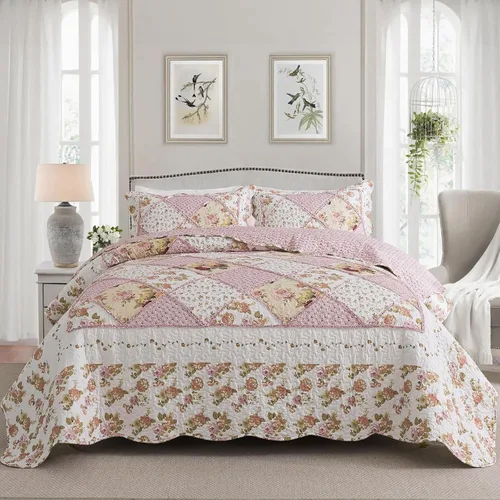 Vista 11 de NEWLAKE Juego de colchas tamaño queen, conjunto de colcha de algodón con diseño de retazos en colores azul y negro con patrones a cuadros, colcha