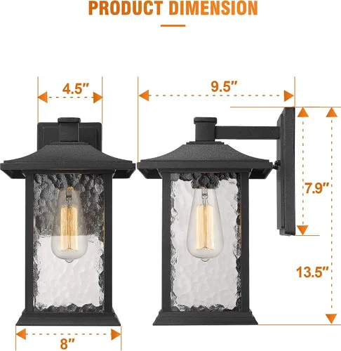 Vista 3 de Beionxii A272W-1PK - Lámpara de pared exterior de 14 pulgadas para el patio de la casa, aluminio fundido negro con cristal de agua