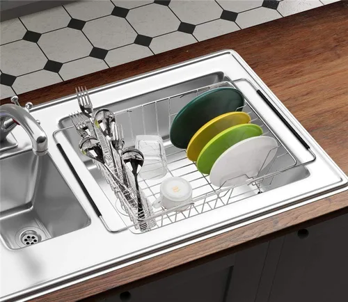 Vista 3 de Escurridor de platos, escurridor de platos expandible, estante grande profundo para platos en fregadero en encimera, acero inoxidable a prueba