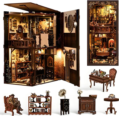 Vista 8 de Kit de rincón de libros, barco pirata, bricolaje, casa de muñecas en miniatura, decoración de estantería de madera 3D para adultos, soporte de casa