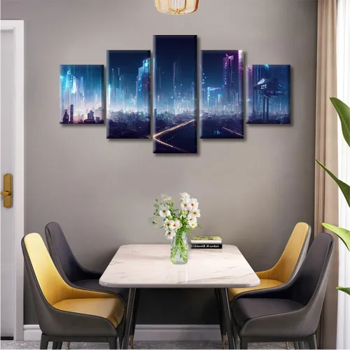 Vista 41 de Cuadros de 5 paneles de Cyberpunk City, arte de pared, representación de vallas publicitarias, edificios modernos en la capital con obras de arte