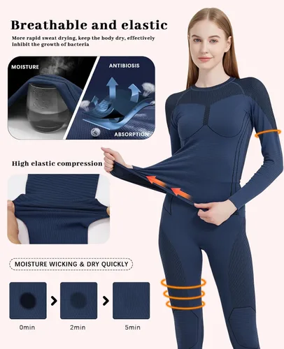 Vista 4 de MEETWEE Ropa interior térmica para mujer, Long Johns Ski para clima frío, capa base, cálida parte superior e inferior de invierno para correr, Azul