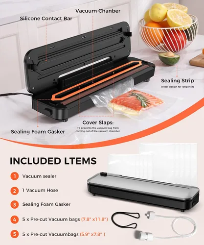 Vista 6 de Máquina selladora al vacío de 75 KPa para alimentos con modos seco/húmedo 6 en 1 y temporizador digital, diseño compacto y ligero, cortador
