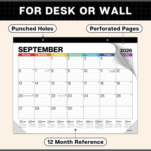 Vista 3 de Dunwell Calendario de escritorio 2026 de 22 x 17 pulgadas, calendario mensual grande de escritorio o colgante de pared, diseño colorido, enero a