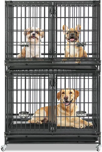 Vista 11 de Jaula resistente de 43 pulgadas para perros con divisor, jaula indestructible a prueba de escapes, jaula grande para perros en interiores, cuencos