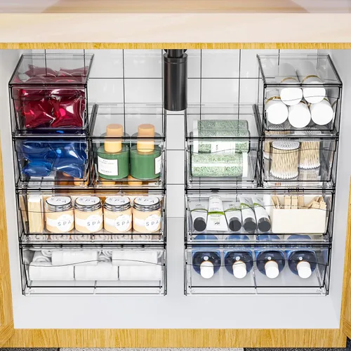Vista 8 de Paquete de 6 cajones de almacenamiento apilables transparentes, organizador de maquillaje de baño grande de 12 pulgadas de ancho y bolígrafo, lentes