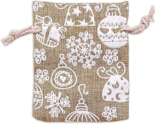 Vista 38 de 48 paquetes de 3x4 bolsas de regalo reutilizables de yute y arpillera con cordones (Feliz Navidad, X-Pequeño) - para regalos, favores de fiesta