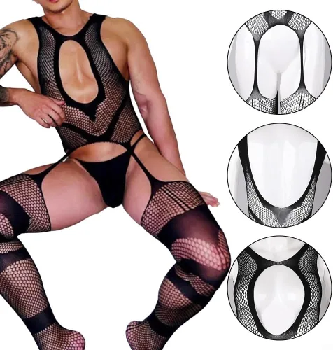 Vista 5 de Body de malla transparente para hombre, color negro, Negro