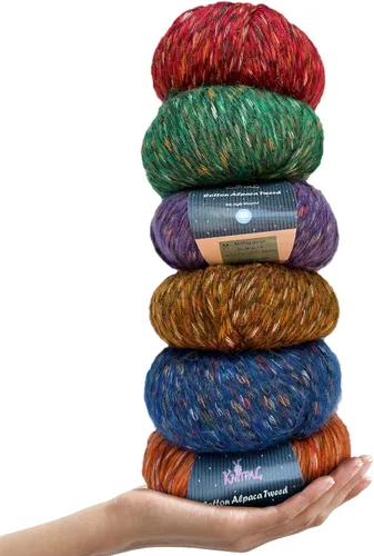 Vista 22 de Hilo de alpaca Tweed de algodón para ganchillo, paquete de 4 (588 yardas/7.05 oz), patrones libres, hilo de tweed para tejer, peso de peinado ligero