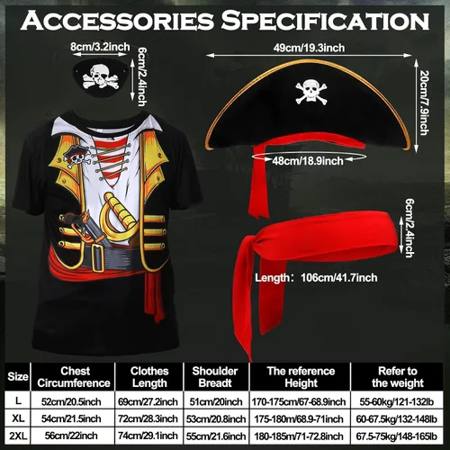 Vista 2 de Eurzom Conjunto de disfraz de pirata de 4 piezas, camisa de crucero caribeño, sombreros de pirata, bandana, parches para los ojos para Halloween