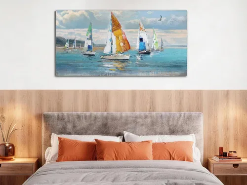 Vista 4 de Ardemy Arte de pared de barco de velero, arte abstracto azul con textura náutica, pintura costera grande para sala de estar, dormitorio, oficina