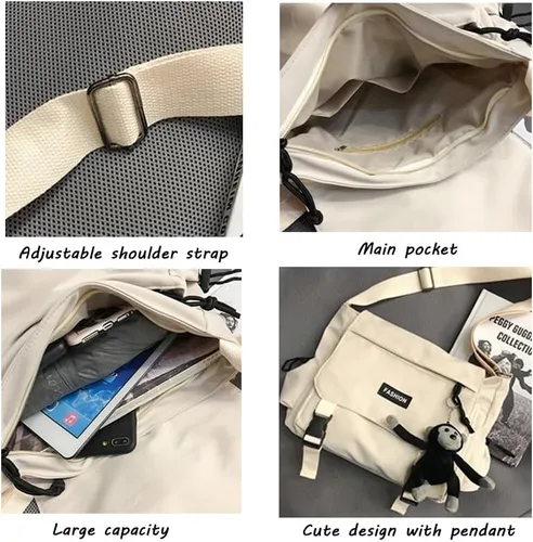 Vista 4 de Inshere Bolso cruzado estético con bonitos pines y adornos, bolsa de mensajero de nailon para el hombro, bolsa japonesa Kawaii para mujeres y hombres