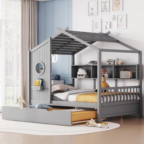 Vista 11 de Cama moderna de tamaño individual con nido, marco de cama de madera resistente con armazón de almacenamiento, techo y ventana para niños, niñas