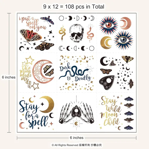 Vista 2 de Cheerland Tatuajes de Halloween, esqueleto, tatuajes temporales, negro y blanco, gótico, recuerdos de fiesta de cumpleaños, tatuajes de temperatura