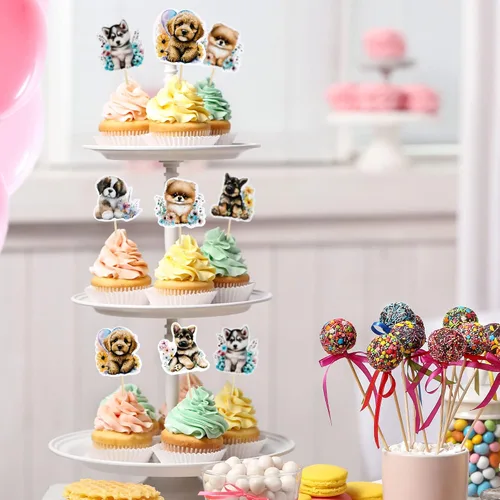 Vista 6 de Gyufise 36 adornos para cupcakes para mascotas, decoración de dibujos animados para tartas de perros y cachorros, para baby shower y fiesta