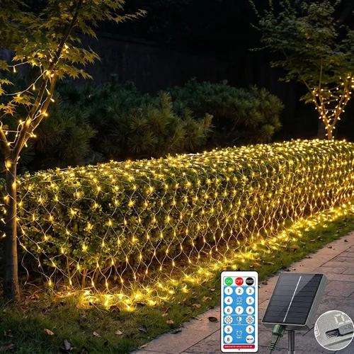Vista 9 de LitHome Red solar de 11.5 x 5 pies, impermeable, 240 luces LED solares y USB, control remoto, 8 modos de luz de malla para arbustos, jardín, césped