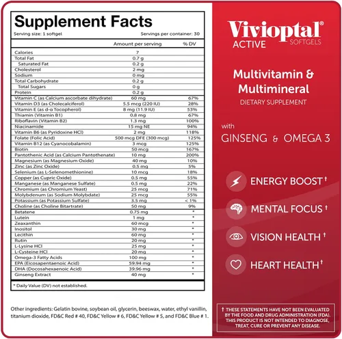 Vista 6 de Vivioptal Active, 30 cápsulas blandas, ginseng y omega 3, multivitamínico y multimineral, sin gluten, fórmula alemana