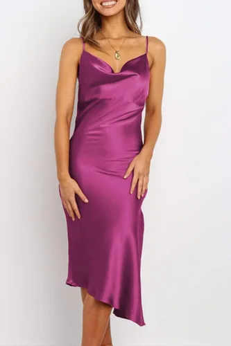Vista 8 de PRETTYGARDEN Vestido de satén para mujer, sin mangas, con tirantes delgados, abertura lateral, cuello vuelto, midi