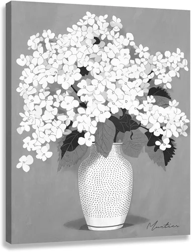 Vista 15 de Cuadro de flores para sala de estar, arte de pared floral azul y blanco sobre lienzo con detalles dorados para decoración de dormitorio gris, 32 x