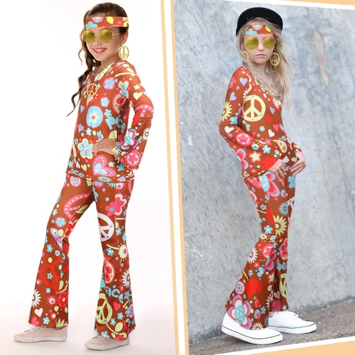 Vista 5 de 7 piezas de traje hippie de los años 60 y 70 para niños y niñas, disfraz hippie de Halloween, camisa de discoteca, pantalón, signo de la paz