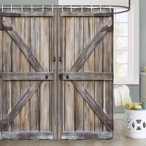 Vista 17 de JAWO Cortina de ducha rústica para puerta de granero, estilo occidental, para baño, tablero de madera marrón, tela impermeable de poliéster