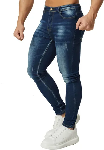 Vista 5 de HUNGSON Men's Blue Slim Fit Jeans Stretch Destroyed Ripped Skinny Jeans Side Striped Denim Pants