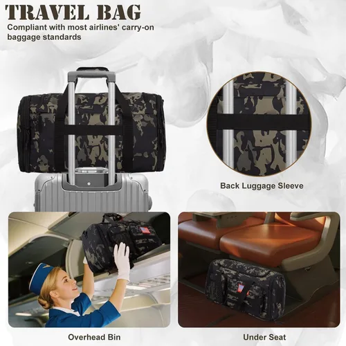Vista 7 de Bolsa de lona táctica para viajes, expandible de 52 litros, bolsa de lona grande para hombre, bolsa de lona para gimnasio con bolsillo húmedo