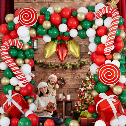 Vista 6 de DBKL Kit de guirnalda de globos de 152 piezas para Navidad, rojo, blanco, verde, dorado, globos en forma de bastón de caramelo, caja de regalo