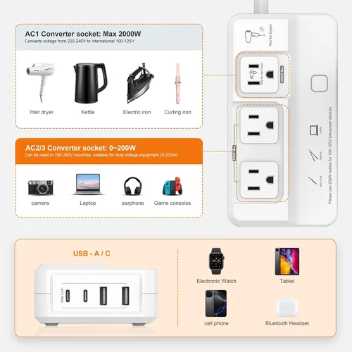 Vista 4 de Convertidor de voltaje de viaje de 220 V a 110 V: Adaptador de enchufe de corriente universal internacional de EE. UU. a Europa - Transformador