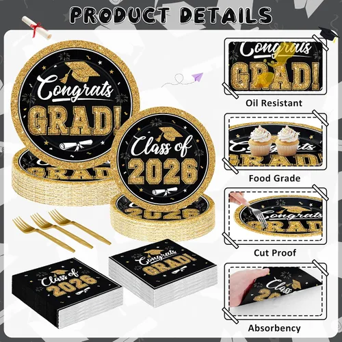 Vista 3 de QZYL 200 suministros para fiesta de graduación 2026, platos y servilletas de graduación negros y dorados, platos de postre desechables y tenedores