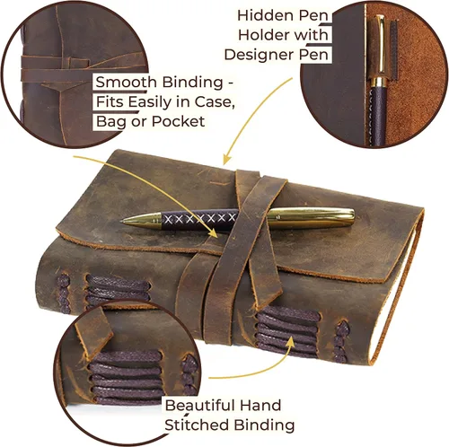 Vista 3 de Juego de regalo de diario de cuero con marcador de cuero antiguo + bolígrafo, cuaderno de escritura hecho a mano de 7 x 5 pulgadas, bloc de notas