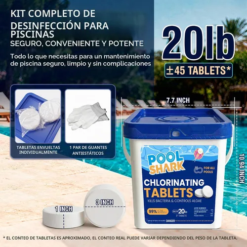 Vista 2 de Pool Shark Swimming Pool Chlorine Tablets 3-Inch Chlorine Tablets 20 lbs Slow-Dissolving 90% Active Chlorine Tabs Pool Chemicals for