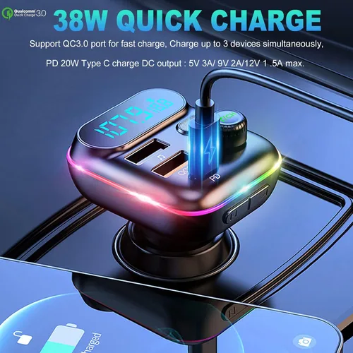Vista 2 de Transmisor FM Bluetooth mejorado con robot VR para coche, adaptador inalámbrico Bluetooth 5.0 FM para coche con puertos USB duales, compatible