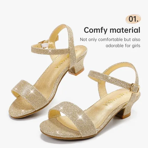 Vista 4 de Sandalias de tacón bajo para niñas, zapatos de vestir para bodas, fiestas, verano, puntera abierta, correa de tobillo para niños pequeños y grandes