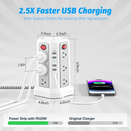 Vista 7 de Regleta de alimentación de torre con PD20W USB C, estación de carga de cable de extensión de escritorio de 6 pies con 12 tomas de corriente alterna