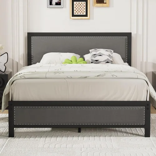 Vista 9 de VECELO Queen Bed Frame, Storage Upholstered Headboard with Charging Station, Platform Bedframe, Heavy Duty Metal Slats, No Box Spring Needed
