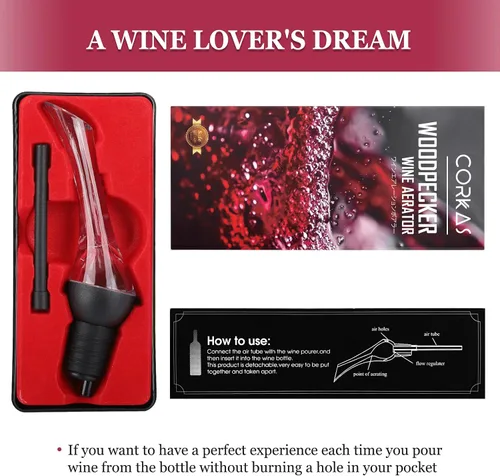 Vista 6 de CORKAS Aireador de vino de calidad profesional, vertedor de vino 2 en 1, aireador de vino y boquilla de decantador para airear vino al instante