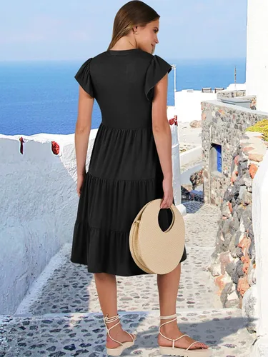 Vista 6 de ANRABESS Vestido de verano para mujer, manga con volantes, cuello en V, vestido midi a la moda, casual, holgado, escalonado, bohemio, playa