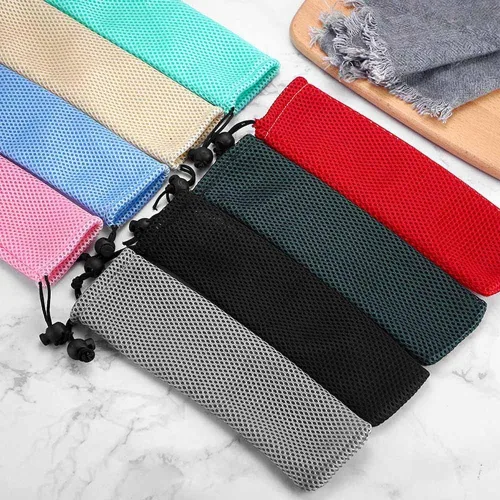Vista 2 de Bolsa portátil para cubiertos de 8 piezas, estuche de transporte de paja, bolsa de red con cordón para cubiertos, bolsa de almacenamiento