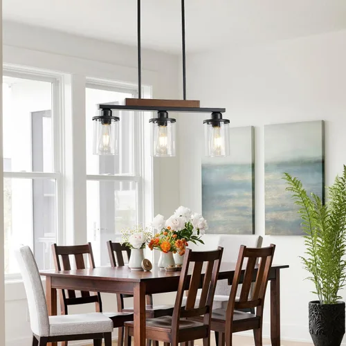 Vista 2 de Lámpara de comedor,Lámpara de cocina de 3 luces para iluminación de granja, iluminación colgante industrial de madera de metal negro mate,Luces