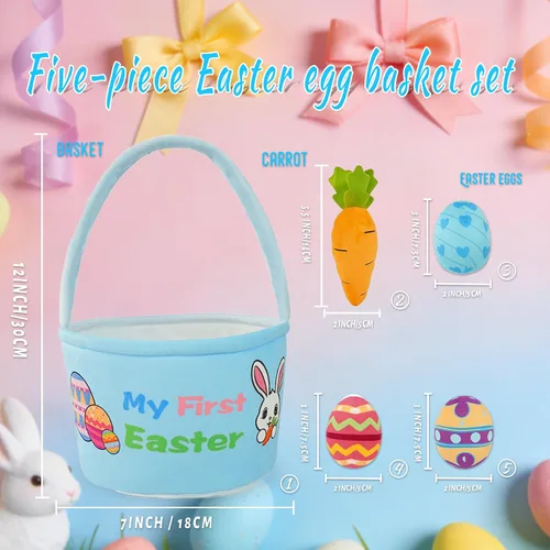 Vista 2 de Juego de 5 cestas de peluche para conejito de Pascua, cubos de Pascua con huevos de Pascua, cesta de caza para regalos de fiesta de Pascua, bolsas