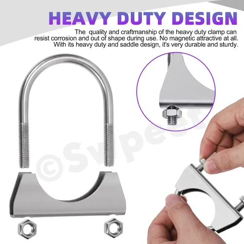 Vista 5 de Swpeet Kit de 2 piezas de abrazadera de escape de 1.5 pulgadas con perno en U, abrazaderas de perno en U de 1-1/2 pulgadas de acero inoxidable